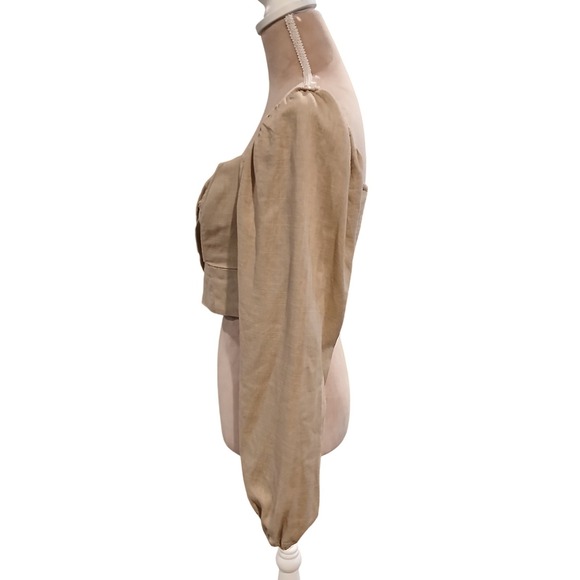 Altar'd State Tan Linen Blend Tie Front Puff Sleeve Crop Top Womans Medium - Picture 5 of 12
